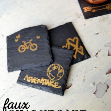 Create these faux chalkboard coasters with some rubons and slate tiles, so easy!