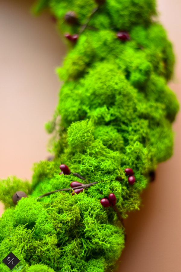 Create an easy farmhouse Christmas wreath using moss and wire garland
