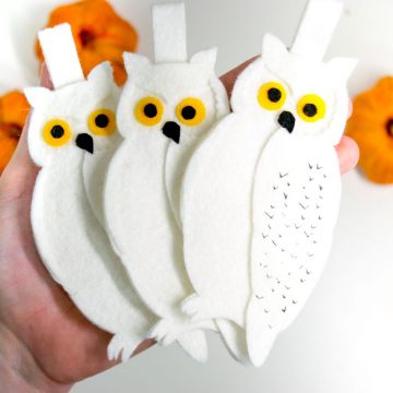 hand holding 3 Hedwig ornaments