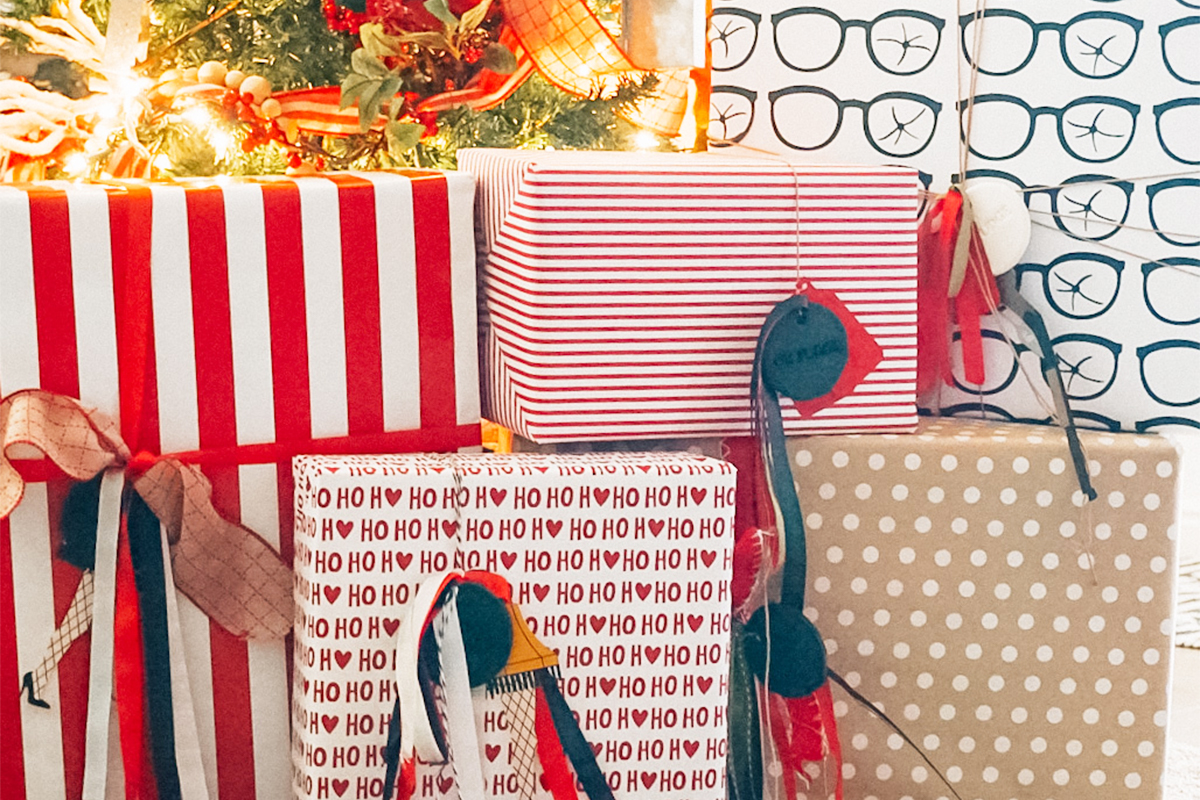 grouping of present wrapped in personalized a christmas story wrapping paper